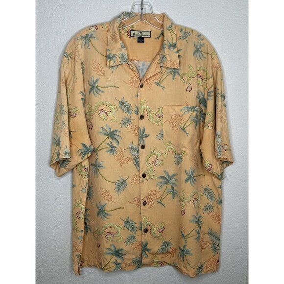 Tommy Bahama Shirt Mens Large Silk Peach Dragon Loop Collar Palm Trees Party L - Picture 1 of 10
